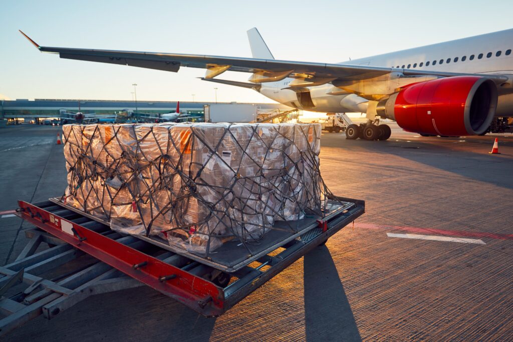 A cargo airplane of an airport runway