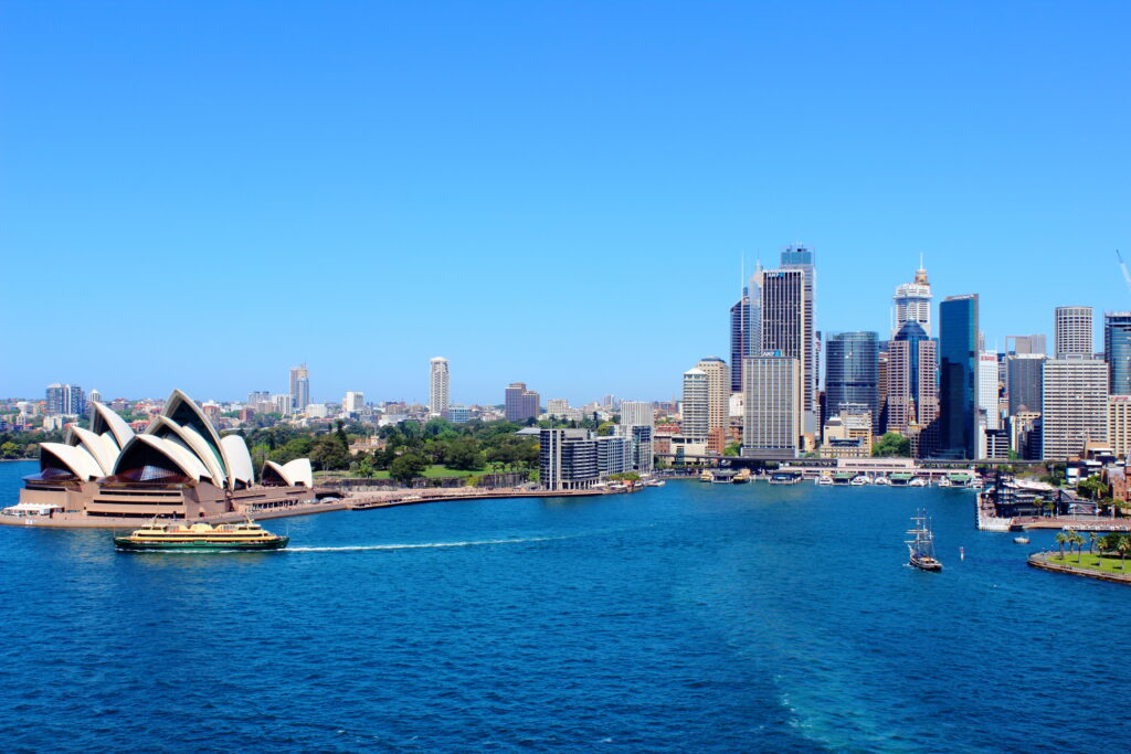 Skyline of Sydney from water at day